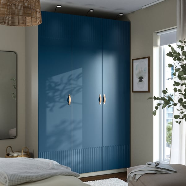 PAX / FYRUDDEN wardrobe combination, grey-beige/blue, 150x60x236 cm