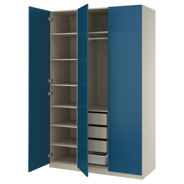 PAX / FYRUDDEN wardrobe combination, grey-beige/blue, 150x60x236 cm