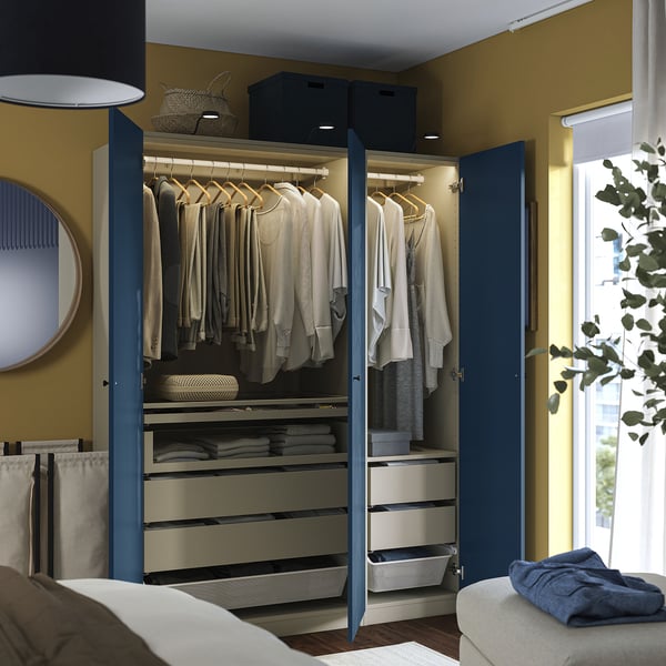 PAX / FYRUDDEN wardrobe combination, grey-beige/blue, 150x60x201 cm