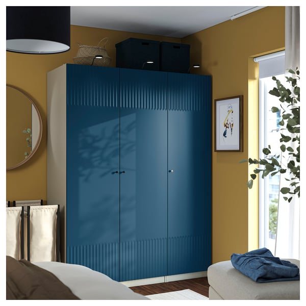 PAX / FYRUDDEN wardrobe combination, grey-beige/blue, 150x60x201 cm