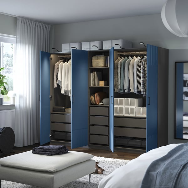 PAX / FYRUDDEN - Wardrobe combination, dark gray/blue,250x60x201 cm
