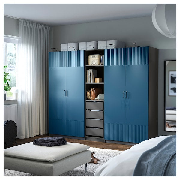 PAX / FYRUDDEN wardrobe combination, dark grey/blue, 250x60x201 cm