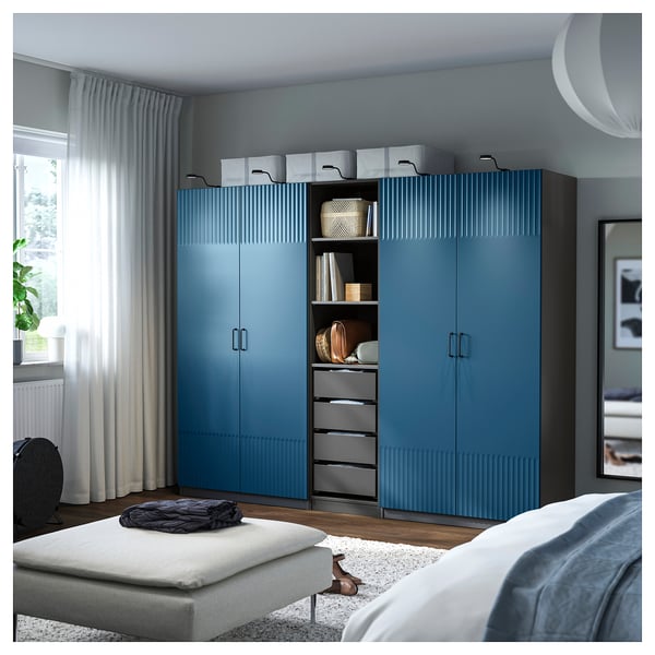PAX / FYRUDDEN - Wardrobe combination, dark gray/blue,250x60x201 cm
