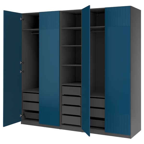 PAX / FYRUDDEN - Wardrobe combination, dark gray/blue,250x60x236 cm