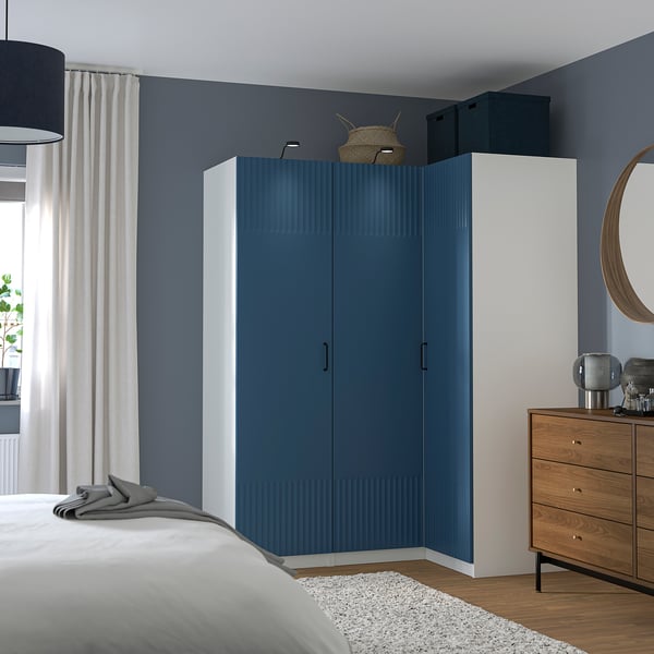 PAX / FYRUDDEN corner wardrobe, white/blue, 161/111x201 cm