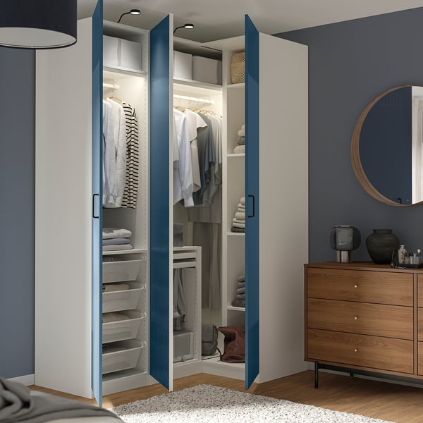 PAX / FYRUDDEN corner wardrobe, white/blue, 161/111x236 cm
