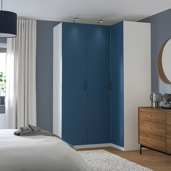 PAX / FYRUDDEN corner wardrobe, white/blue, 161/111x236 cm