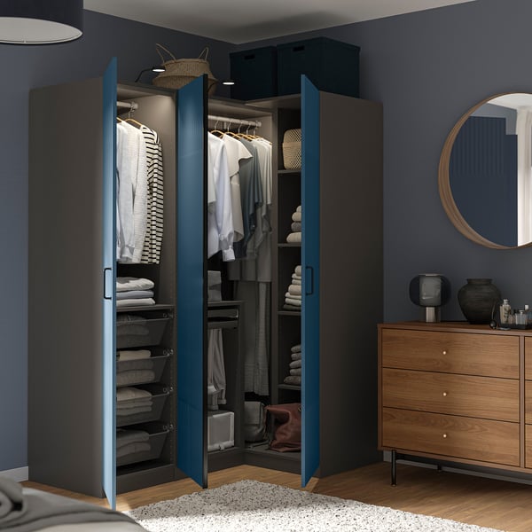 PAX / FYRUDDEN corner wardrobe, dark grey/blue, 161/111x201 cm