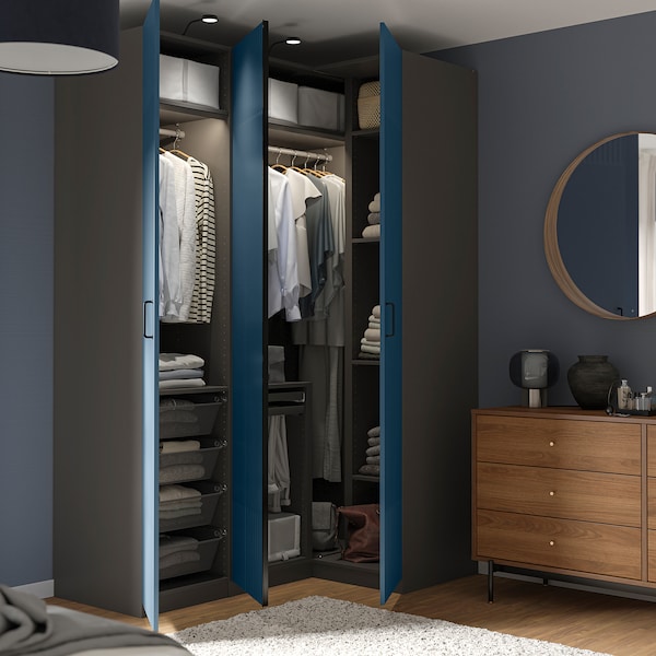 PAX / FYRUDDEN corner wardrobe, dark grey/blue, 161/111x236 cm