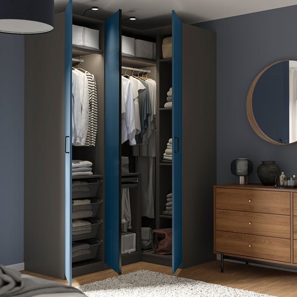 PAX / FYRUDDEN corner wardrobe, dark grey/blue, 161/111x236 cm