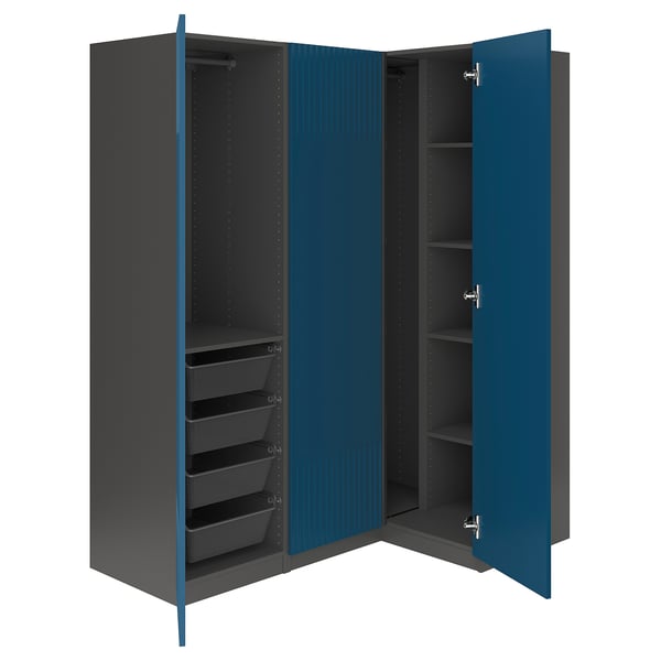 PAX / FYRUDDEN corner wardrobe, dark grey/blue, 161/111x201 cm