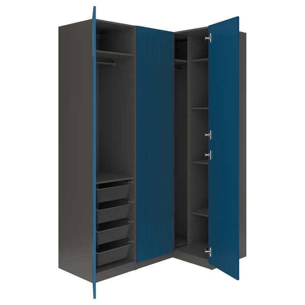 PAX / FYRUDDEN corner wardrobe, dark grey/blue, 161/111x236 cm