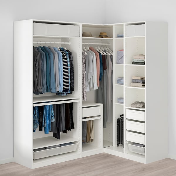 PAX / GRIMO/ÅHEIM corner wardrobe, white/white mirror glass, 211/161x236 cm
