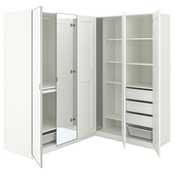 PAX / GRIMO/ÅHEIM corner wardrobe, white/white mirror glass, 211/161x201 cm