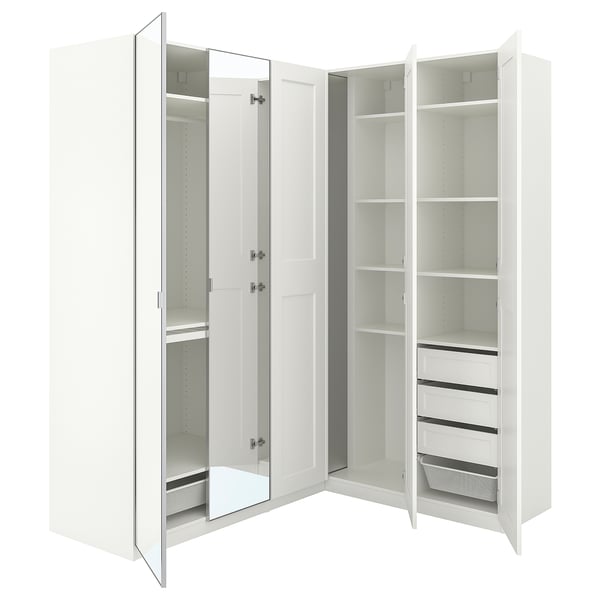 PAX / GRIMO/ÅHEIM corner wardrobe, white/white mirror glass, 211/161x236 cm