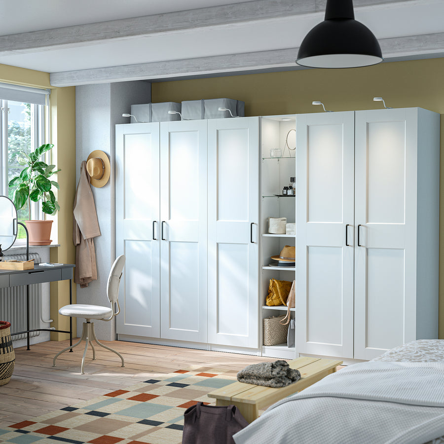 PAX / GRIMO wardrobe combination, white white/white, 285x60x201 cm