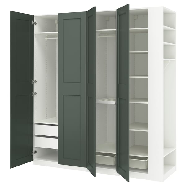 PAX / GRIMO wardrobe combination, white grey-green/white, 220x60x236 cm