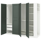 PAX / GRIMO wardrobe combination, white grey-green/white, 220x60x201 cm