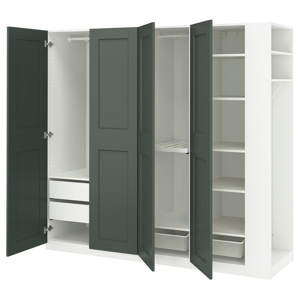 PAX / GRIMO wardrobe combination, white grey-green/white, 220x60x201 cm