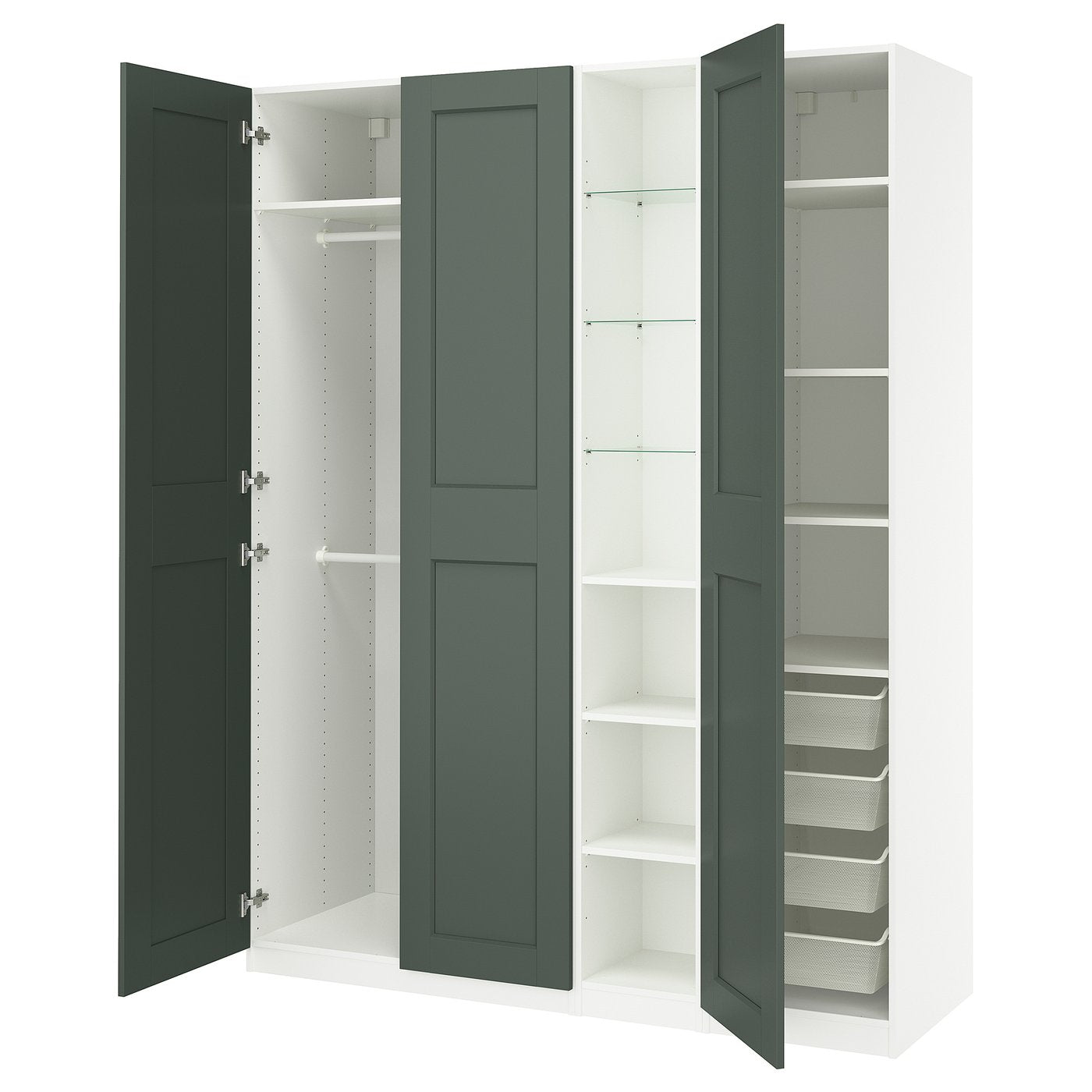 PAX / GRIMO wardrobe combination, white grey-green/white, 185x60x236 cm