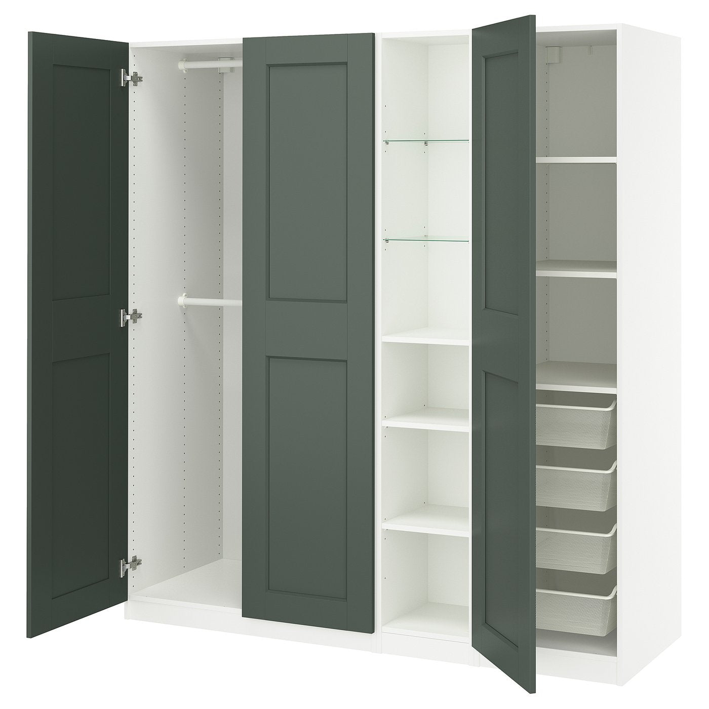 PAX / GRIMO wardrobe combination, white grey-green/white, 185x60x201 cm