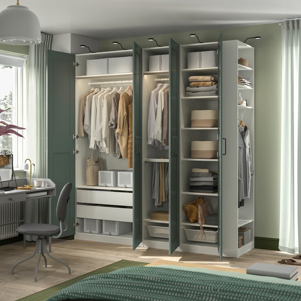 PAX / GRIMO wardrobe combination, white grey-green/white, 220x60x236 cm