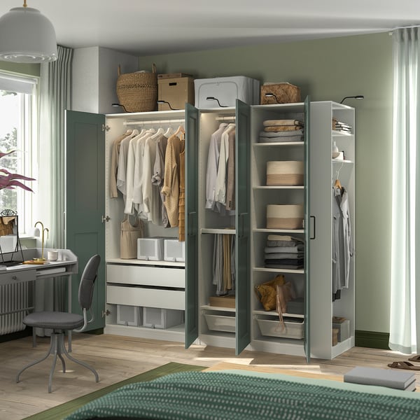 PAX / GRIMO wardrobe combination, white grey-green/white, 220x60x201 cm