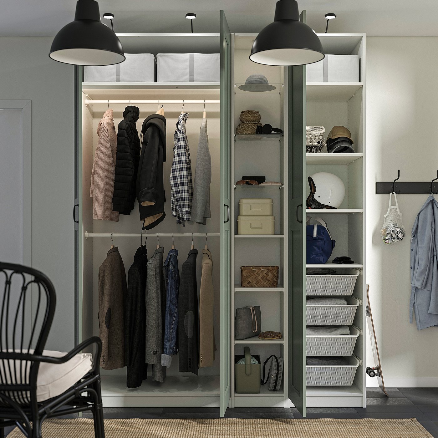 PAX / GRIMO wardrobe combination, white grey-green/white, 185x60x236 cm