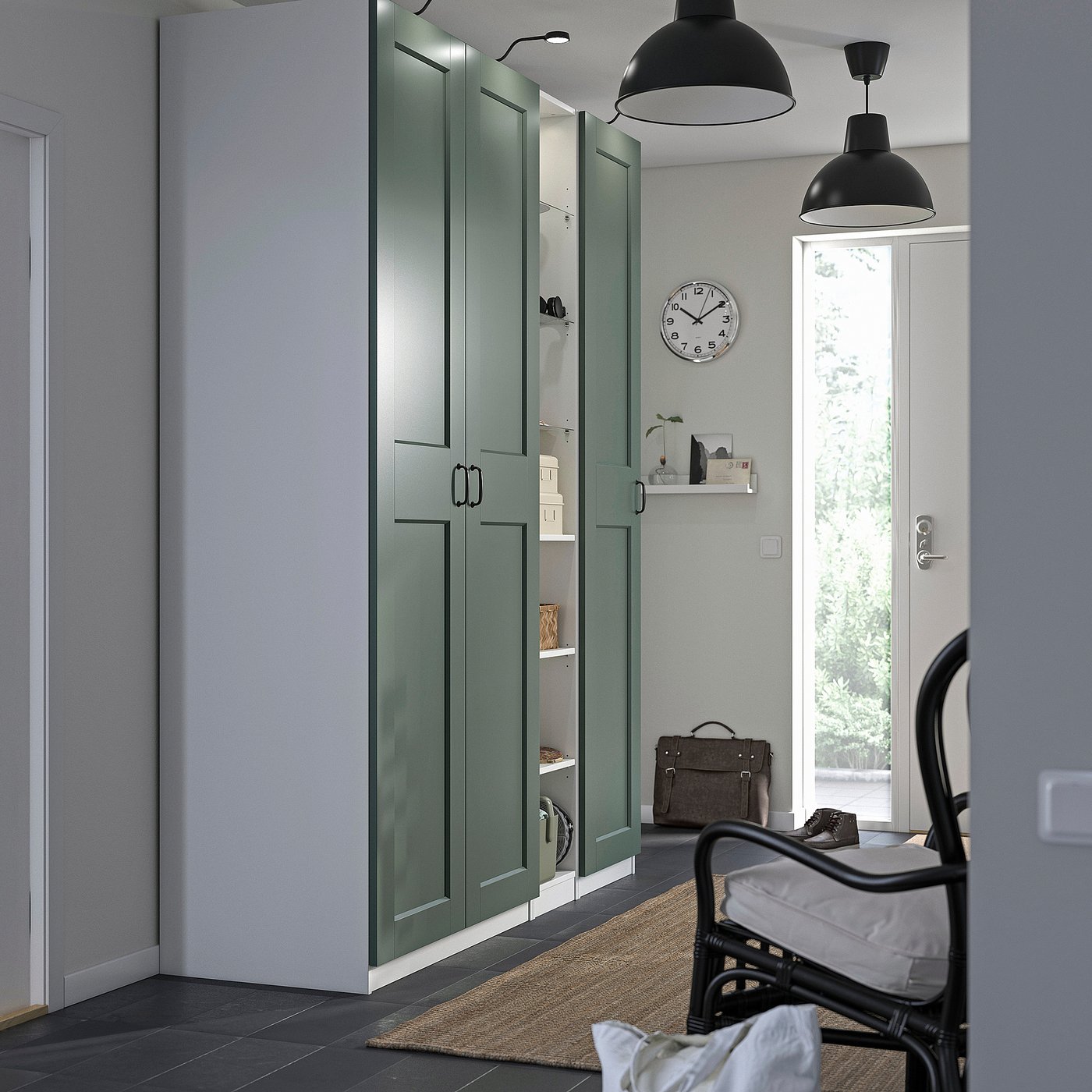 PAX / GRIMO wardrobe combination, white grey-green/white, 185x60x236 cm