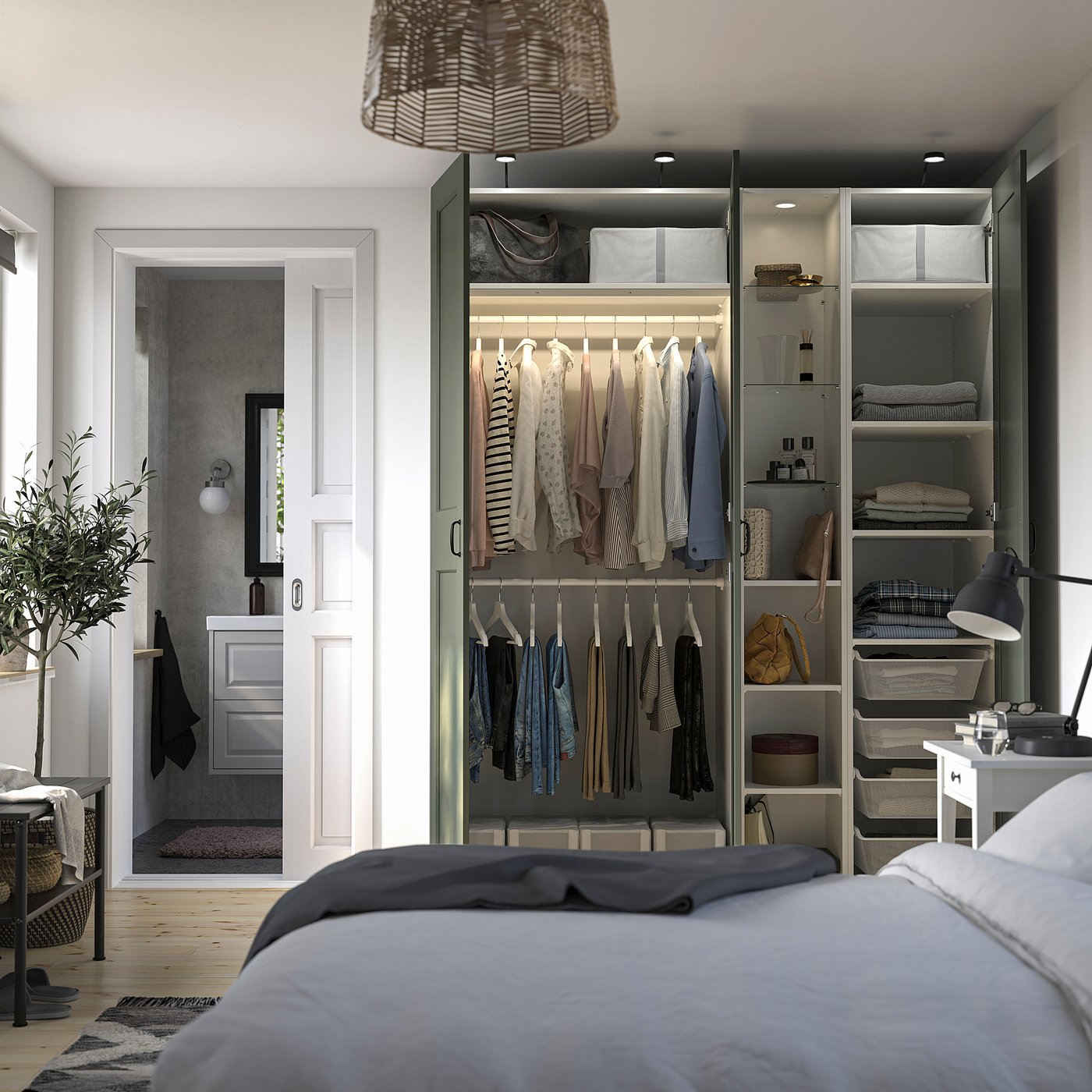 PAX / GRIMO wardrobe combination, white grey-green/white, 185x60x236 cm