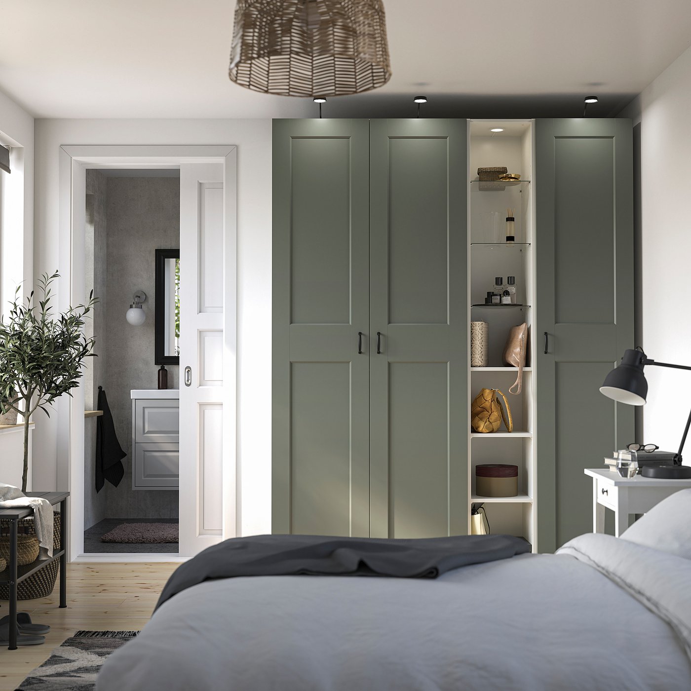 PAX / GRIMO wardrobe combination, white grey-green/white, 185x60x236 cm