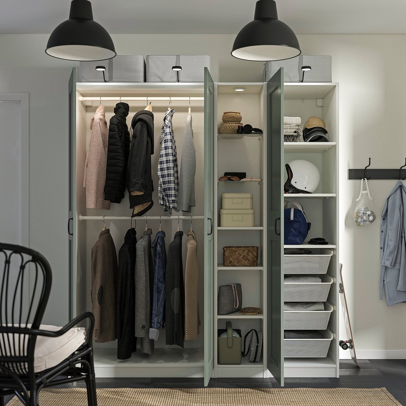 PAX / GRIMO wardrobe combination, white grey-green/white, 185x60x201 cm