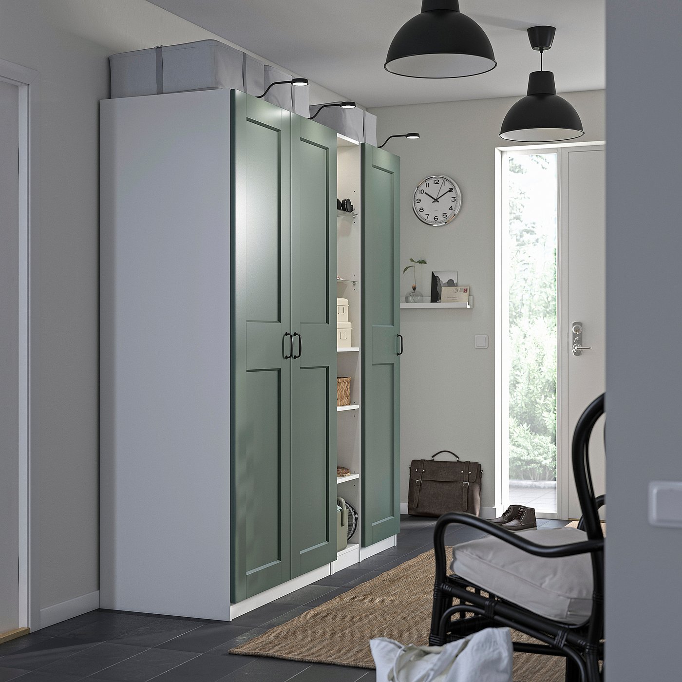 PAX / GRIMO wardrobe combination, white grey-green/white, 185x60x201 cm