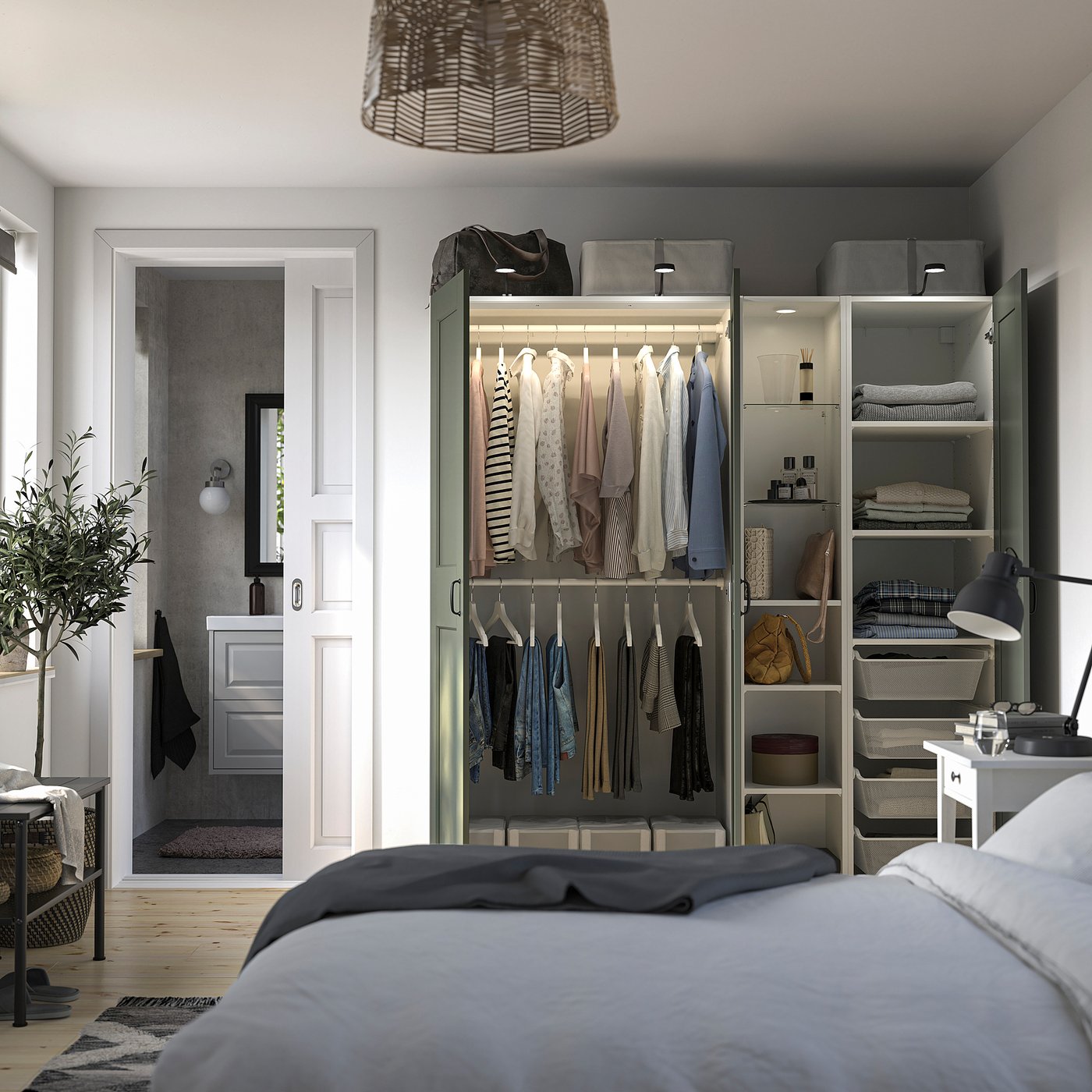 PAX / GRIMO wardrobe combination, white grey-green/white, 185x60x201 cm
