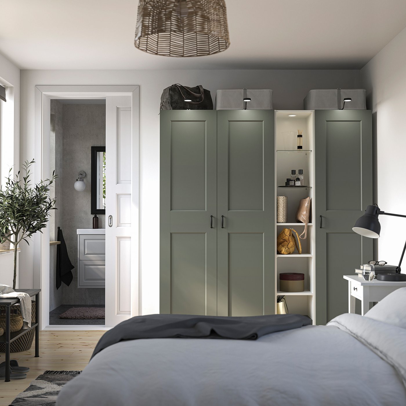 PAX / GRIMO wardrobe combination, white grey-green/white, 185x60x201 cm
