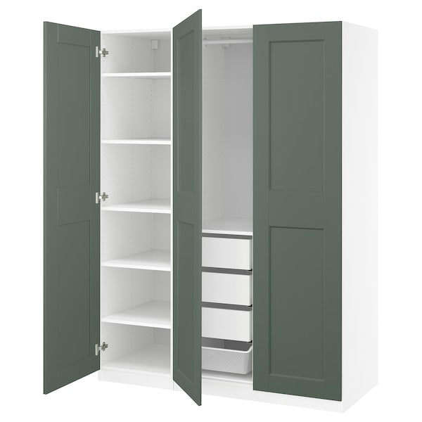 PAX / GRIMO wardrobe combination, white/grey-green, 150x60x201 cm
