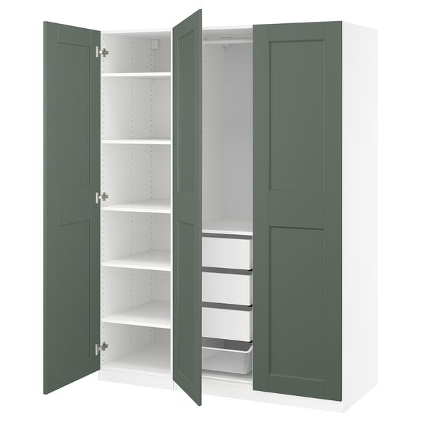 PAX / GRIMO wardrobe combination, white/grey-green, 150x60x201 cm