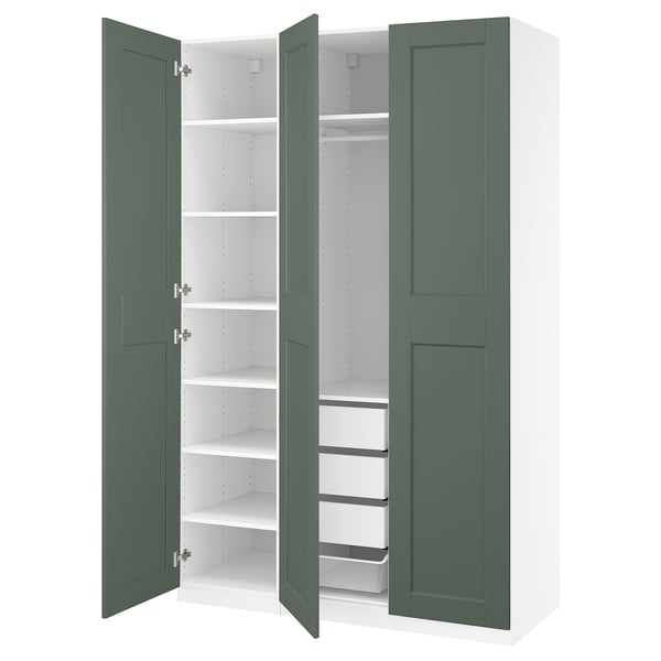 PAX / GRIMO wardrobe combination, white/grey-green, 150x60x236 cm