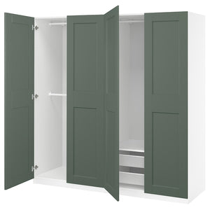 PAX / GRIMO wardrobe combination, white/grey-green, 200x60x201 cm