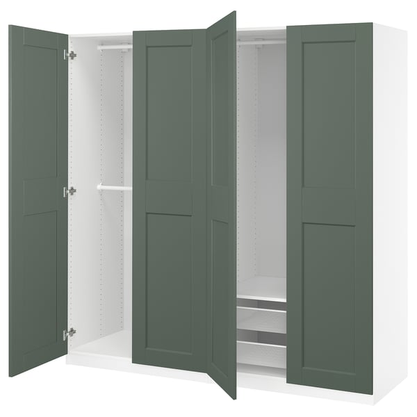 PAX / GRIMO wardrobe combination, white/grey-green, 200x60x201 cm