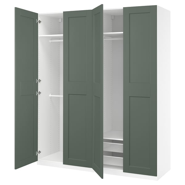 PAX / GRIMO wardrobe combination, white/grey-green, 200x60x236 cm