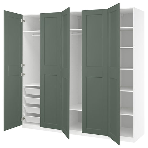 PAX / GRIMO wardrobe combination, white/grey-green, 250x60x236 cm