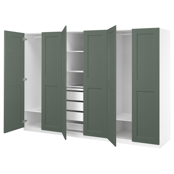 PAX / GRIMO wardrobe combination, white/grey-green, 300x60x201 cm