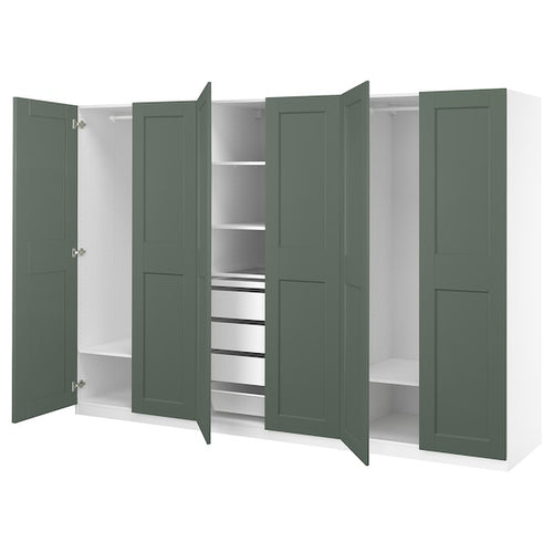 PAX / GRIMO - Wardrobe combination, white/grey-green,300x60x201 cm