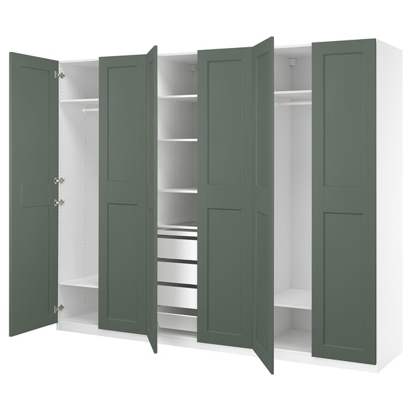 PAX / GRIMO wardrobe combination, white/grey-green, 300x60x236 cm