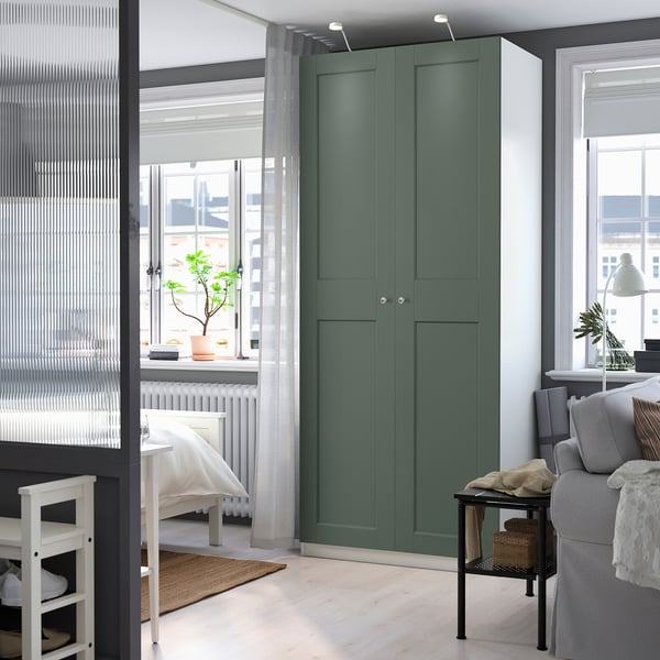 PAX / GRIMO wardrobe combination, white/grey-green, 100x60x236 cm