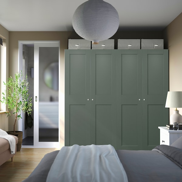 PAX / GRIMO wardrobe combination, white/grey-green, 200x60x201 cm