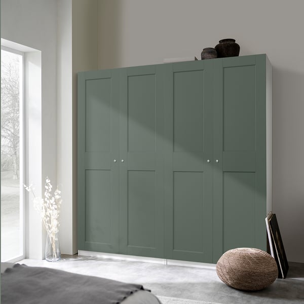 PAX / GRIMO wardrobe combination, white/grey-green, 200x60x201 cm