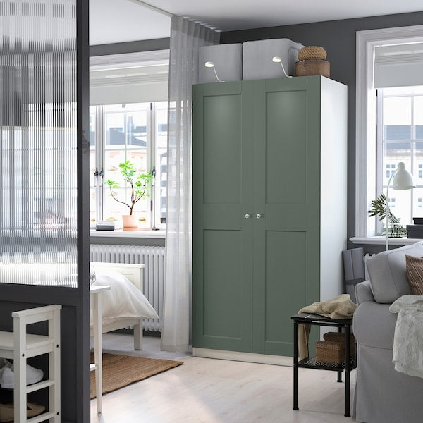 PAX / GRIMO wardrobe combination, white/grey-green, 100x60x201 cm