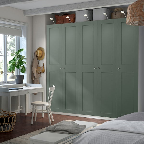 PAX / GRIMO wardrobe combination, white/grey-green, 250x60x236 cm